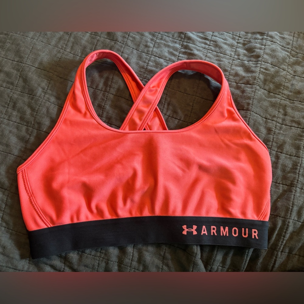Under Armour Womens HeatGear Mid‎ Impact Sports Bra Coral Pink Black Large LG